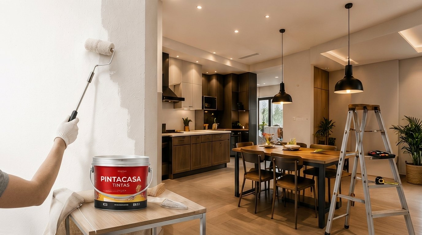 Cozinha moderna em reforma com pintura e iluminação